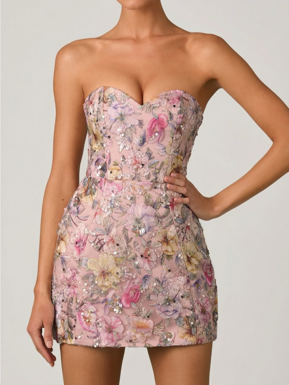 Oh Polly Pink Floral Sequin Lace-Up Mini Dress - Picture 3 of 5